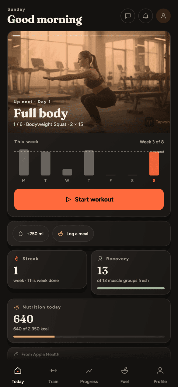 Tapvyn's Today screen: today's workout with a demo of the first exercise, this week's bars and a Start workout button
